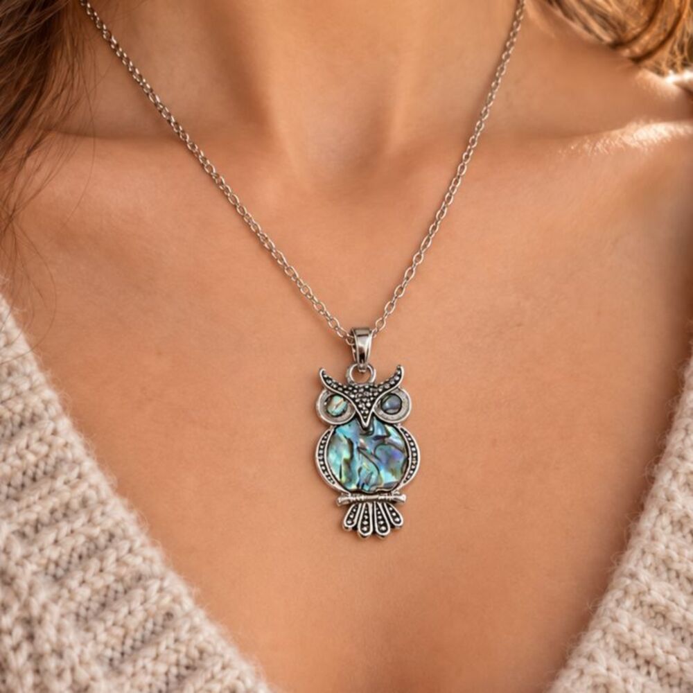 Cute Colorful Owl Abalone Shell Pendant Necklace Iridescent Silver Tone with Box